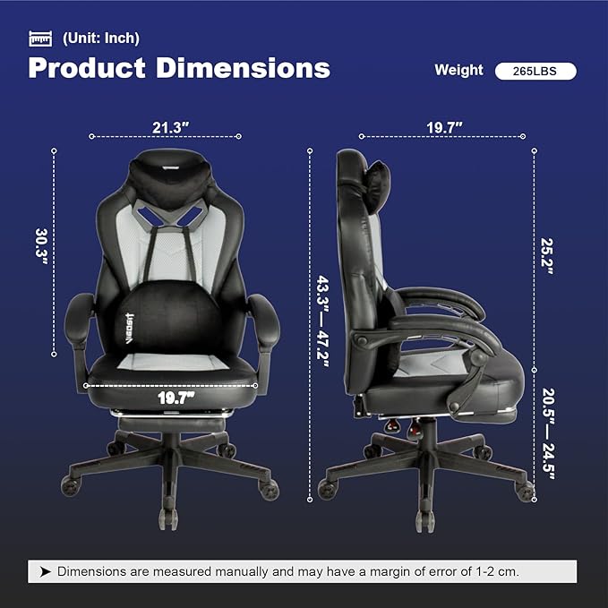 Gaming Chair PRO Ergonomic Gaming Chairs for Adults Heavy People Massage Reclining Office Desk Computer Chair with Footrest and Lumbar Support Big Tall Mesh Gamer Chair with Cushion (Grey)