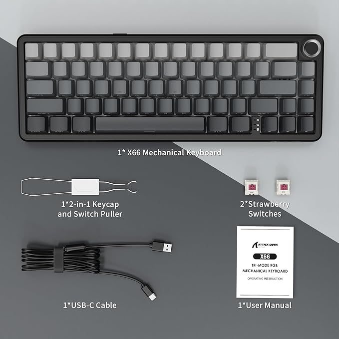 ATTACK SHARK X66 Wireless Mechanical Gaming Keyboard with KnobTri Mode USB-C/BT5.0/2.4G Gasket Mounted 60% RGB Gaming Keyboard Side Printed PBT KeycapHot Swappable Strawberry Switch(Moonlight)