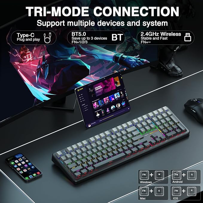 AULA F108 Wireless Mechanical Keyboard Full Size Gaming Keyboard with Number Pad Side Printed PBT Keycaps Pre-lubed Switches RGB Backlit Hot Swappable Creamy Sounding Computer Keyboards (Renewed)