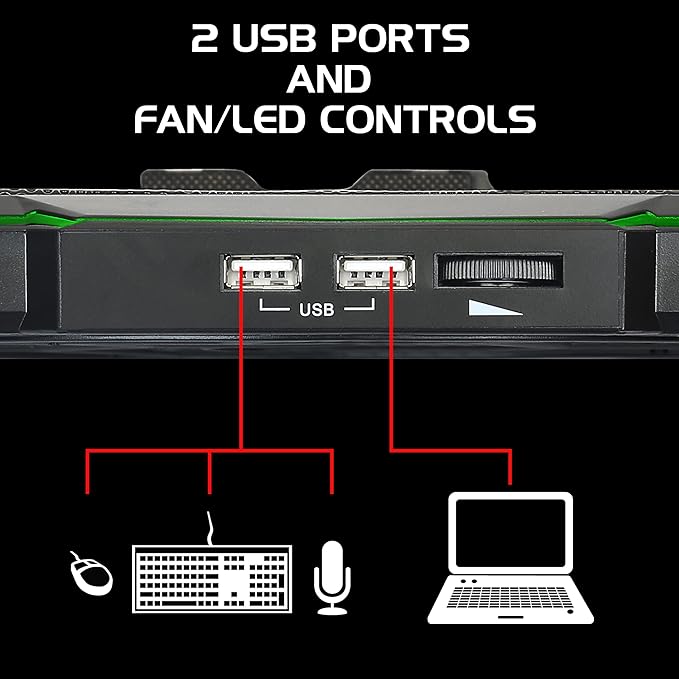 ENHANCE Cryogen 5 Gaming Laptop Cooling Pad Stand - Laptop Cooler with 7 Adjustable Height Settings &amp Dual USB Ports up to 17 inches - 1 Ultra Quiet High Performance LED Fan 800 RPM - Green