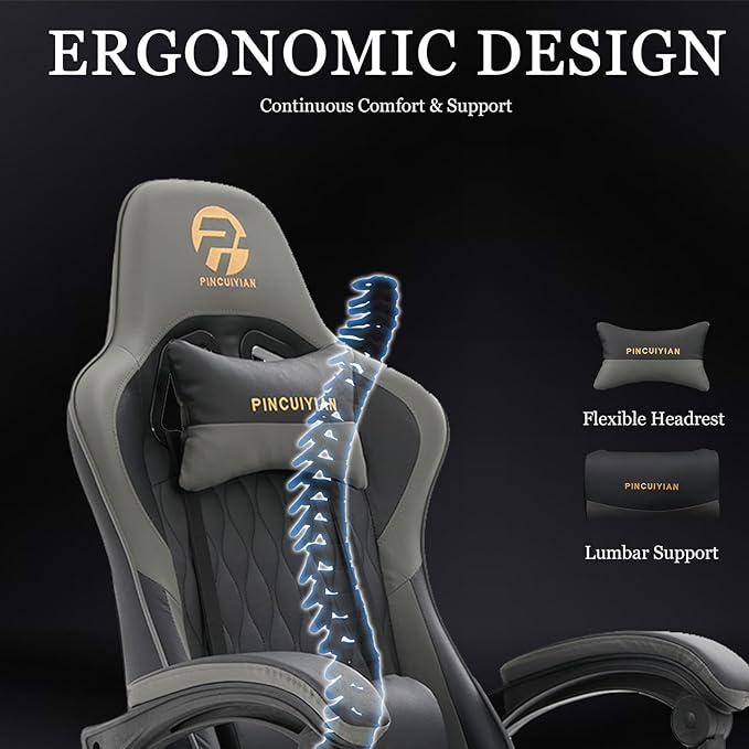 Ergonomic Gaming Chair with Footrest and Lumbar Support High Back Reclining PU Leather Computer Chair with Headrest and Linkage Armrests Swivel Height Adjustable Office Gamer Chair for Adults (Gray)
