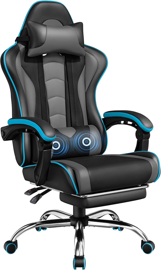 Yaheetech Gaming Chair Video Game Chair with Massage Lumbar Support and Footrest Height Adjustable Ergonomic Computer Chair with Swivel Seat and Headrest Black/Gray