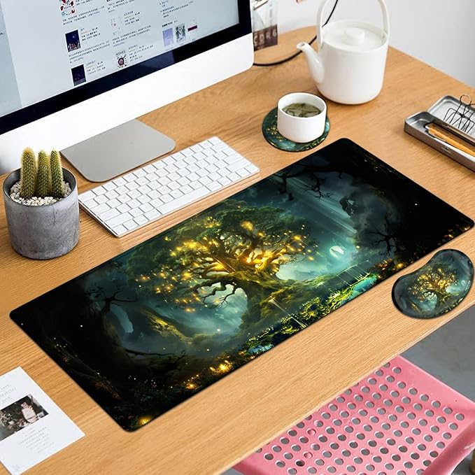 Large Mouse Pad with Mouse Wrist Rest 31.5x11.8 in Extended Mouse Mat with Non-Slip PU Base Ergonomic Memory Foam Wrist Rest for Work &amp Gaming Writing Pad Tree of Life Pattern Office Desk Pad
