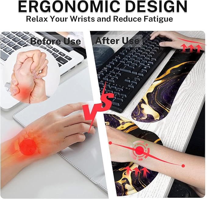 Britimes Purple Black Gold Marble Keyboard Mouse Pad Set 4in1 Large Mousepad+Keyboard Wrist Rest+Mouse Wrist Rest+Coaster Ergonomic Design for Home Office Computer 35.4x15.7 inches