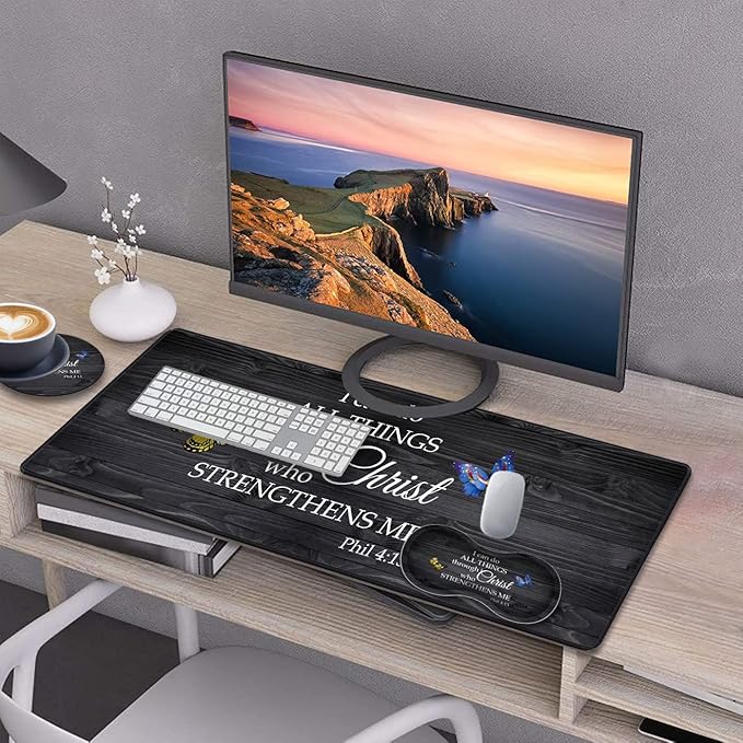 Desk Pad Gaming Mouse Pad + Wrist Rest Support Pad + Coaster 31.5 × 11.8 Durable Non-Slip Extended Computer Mouse Pad Suitable for Office and Home Bible Verse Phil 4-13