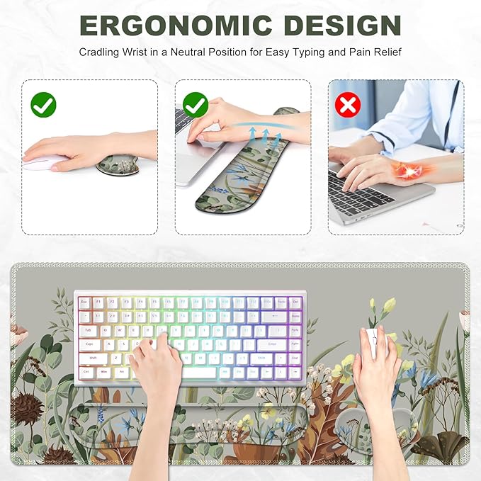 Keyboard Mouse Pad Set Extended Gaming Mouse Pad +Keyboard Wrist Support +Mouse Wrist Rest +Coaster 35.4x15.7 in XXL Large Ergonomic Desk Mat 4in1 Set for Home Office Plant Flowers