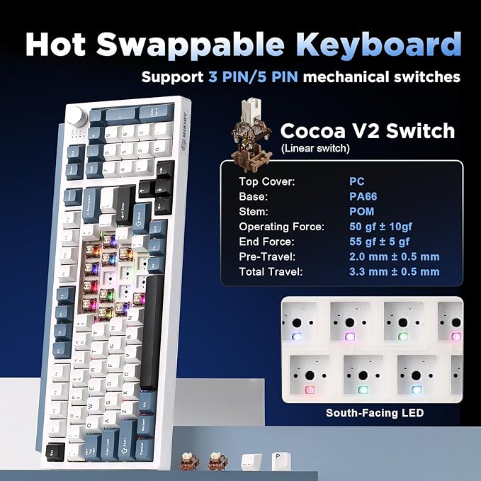 K98 Wireless Mechanical KeyboardTri-Mode BT5.0/2.4GHz/USB-C Hot Swappable Custom KeyboardGasket StructureRGB Backlit Gaming Keyboard for Win &amp Mac(White&ampBlueCocoa-V2 Switch)