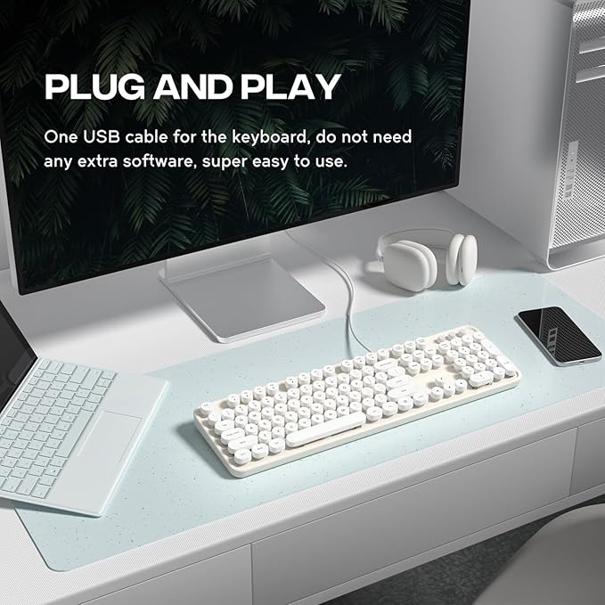 Computer Keyboard Wired Plug Play USB Retro Round Typewriter Keyboard Full Size Wired Keyboard with Foldable Stands for Laptop and Office PC