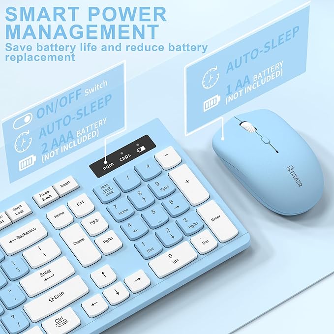 Wireless Keyboard and Mouse Combo Full-Sized Wireless Keyboard and Adjustable DPI Mouse 2.4GHz USB Receiver Keyboard and Mouse for PC Windows Desktop Laptop (Sky Blue-A)
