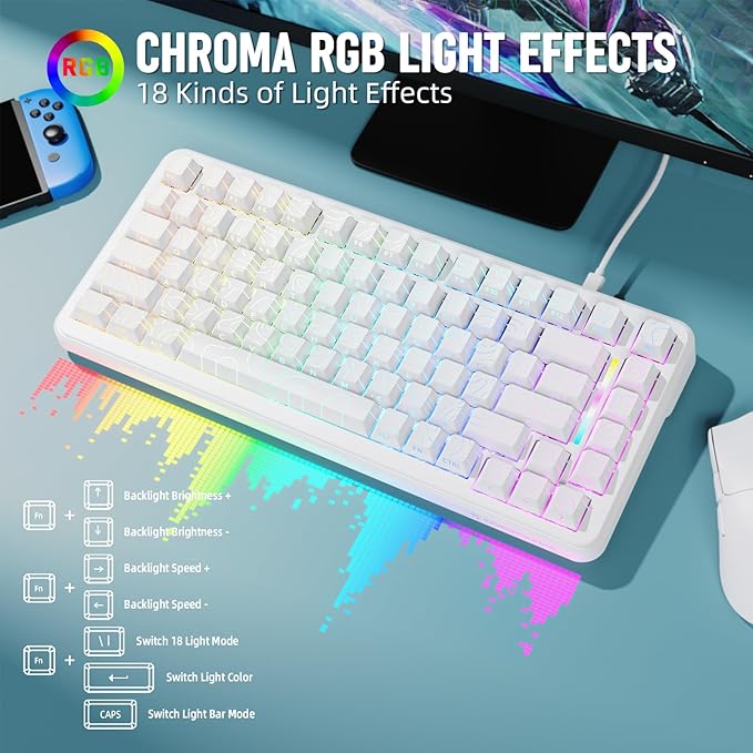 MAMBASNAKE M82 HE 75% Wired Magnetic Keyboard with Adjustable Actuation 8000 Hz Polling Rate Hall Effect Switches Hot-SwapSide Printed PBT Topographic Keycaps Gaming Keyboard for FPS Games-White