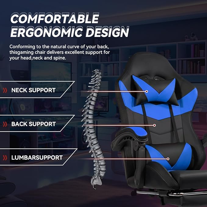 Gaming Chair Computer Chair with Footrest and Lumbar Support &amp LED Height Adjustable Game Chair with 360°-Swivel Seat and Headrest and for Office or Gaming (Black-Blue)