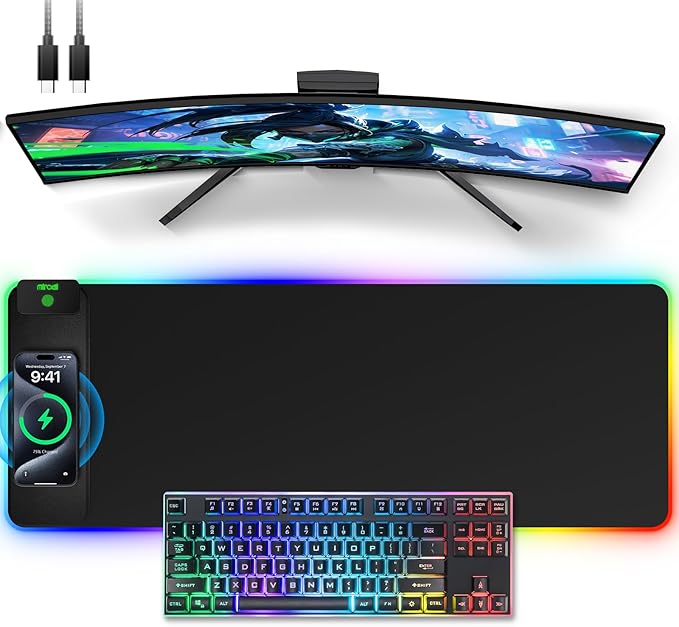 Wireless Charging Mouse Pad 31.5x11.81 XL Gaming Mousepad with 11 RGB Colors &amp 5 Lighting Modes Home Office Large Desk Pad Ultra-Smooth Surface Non-Slip Waterproof Keyboard Pad Black Desk M