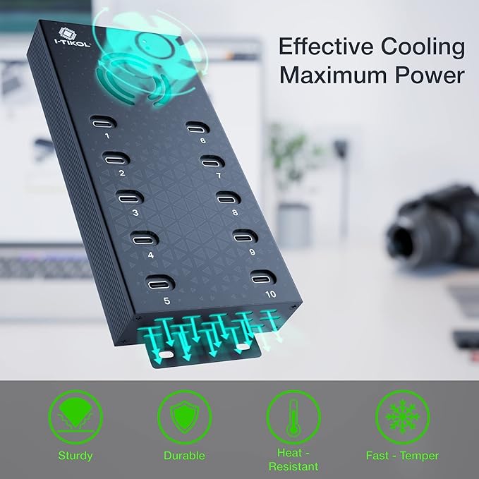 USB 2.0 Hub Type-C Multi Safety 10 Ports Powered with AC Adapter Aluminum USB Splitter with Cooling Fan - Type C for Laptops &amp PC PCFlash Drives HDD Hard Drive Mouse XPS Xbox Keyboard