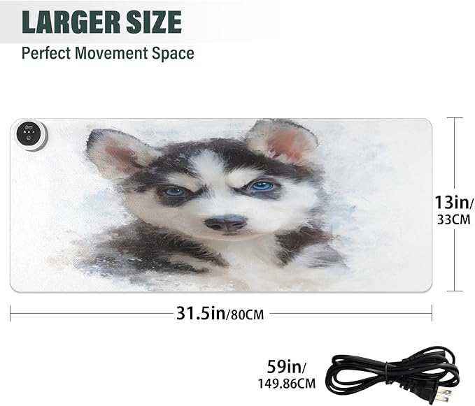 Husky Puppy White Black Print Heated Mouse Pad Large Non-Slip PU Leather Desk Mat with 3 Heating Levels &amp 3 Hours Auto Shut-Off for Home Winter Office