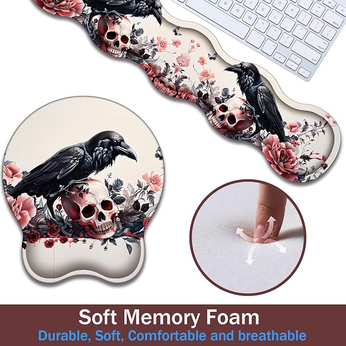 Keyboard Wrist Rest and Mouse Pad Wrist Support with Lace-Shaped Coaster Set Ergonomic Gel Memory Foam and Anti-Slip Base Easy Typing and Pain Relief - Rose Skeleton
