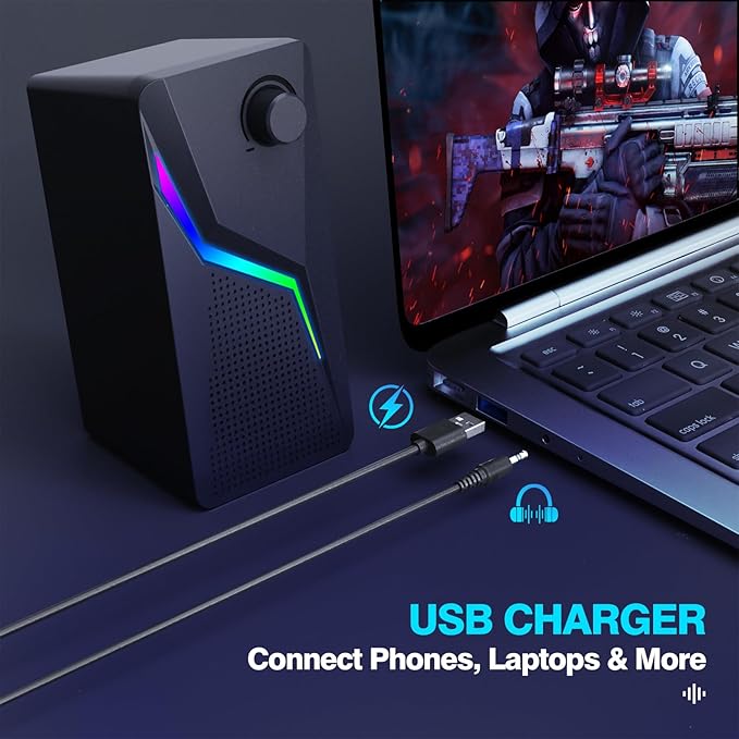 Computer Speakers PC Speakers for Desktop with 6 Lighting Modes PC Gaming Accessories Stereo Sound Desktop Computer Speakers with 2 Bass-Boost Ports USB Powered 3.5mm AUX Cable