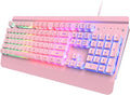 Pink Creamy Keyboard 104 Keys All-Metal Panel Rainbow LED Backlit Silent Gaming Keyboard Wrist Rest PBT Keycap Anti-ghosting Keys Light Up USB Wired Computer Keyboard for PC
