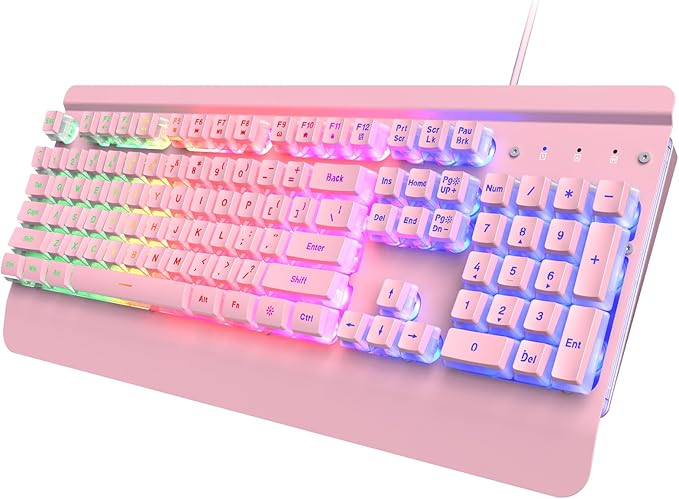 Pink Creamy Keyboard 104 Keys All-Metal Panel Rainbow LED Backlit Silent Gaming Keyboard Wrist Rest PBT Keycap Anti-ghosting Keys Light Up USB Wired Computer Keyboard for PC