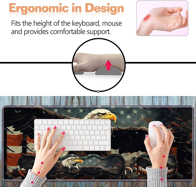 Ergonomic Keyboard Wrist Rest &amp Mouse Pad Wrist Rest SetLarge XXL Gaming Desk Mat 31.5x 11.8Non-Slip Base Memory FoamEasy Typing Pain Relief for Office &amp HomePatriotic American Flag Bal