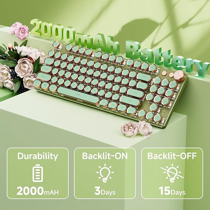 EWEADN V20 Green Typewriter Keyboard87 Keys Backlit Typewriter Style Mechanical Keyboards Media Control Knob Wired/BT5.0/2.4G Typewriter Style Computer Keyboards Pink Switch for Windows/Mac/PC