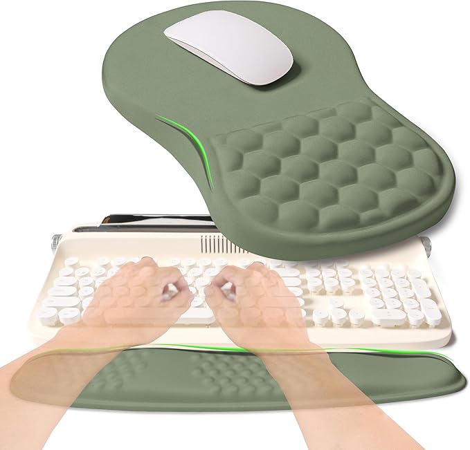 2-in-1 Ergonomic Set Wave Rise Keyboard Wrist Rest and Massage Bulge Slope Mouse Pad Wrist Support Cushion Memory Foam Integrated to Relieve Wrist Pain Olive Green