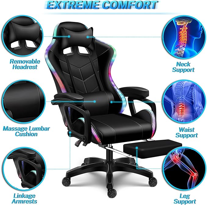 Gaming Chair with Speakers and RGB Lights Video Game Chairs Ergonomic Pro Office Chair with Full Massage Lumbar Support 90°-135° Backrest Adjustable Computer Chairs with FootrestWhite