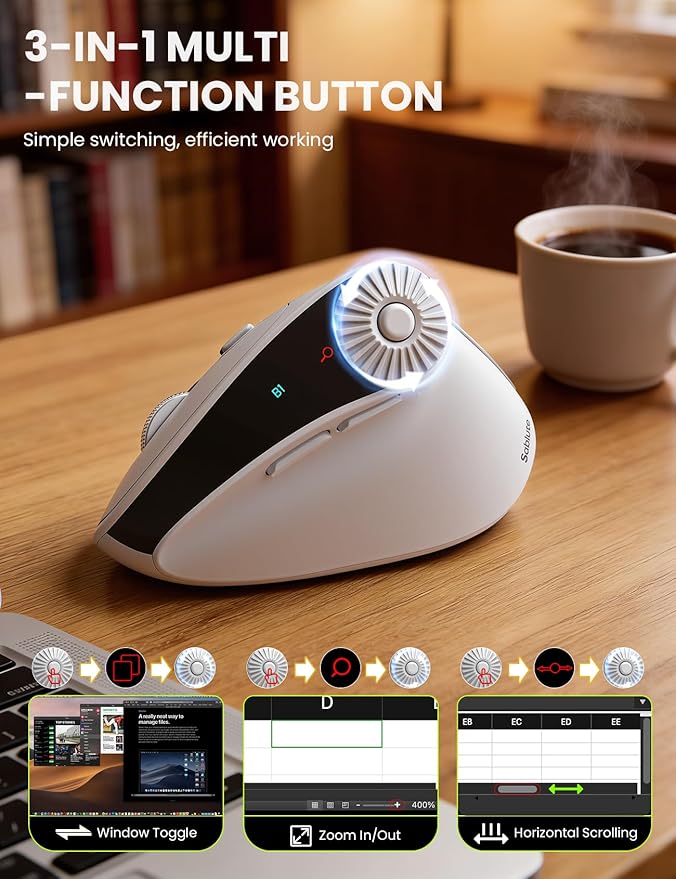 SABLUTE MAM51 Ergonomic Mouse Wireless with 3-in-1 Quick-Switch Scroll Wheel Vertical Mouse with 4000 DPI 8 Buttons Wireless Computer Mouse 2.4Ghz/Bluetooth Mouse for Laptop and Desktop-White
