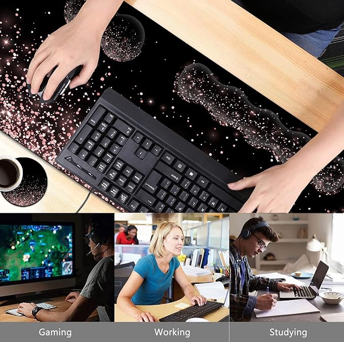 Large Gaming Mouse Pad Memory Foam Keyboard Wrist Rest Extended Office Desk Mat Office Desk Pad with Stitched Edges Laptop Desk Table Protector Rose Gold Glitter Black Writing Mat