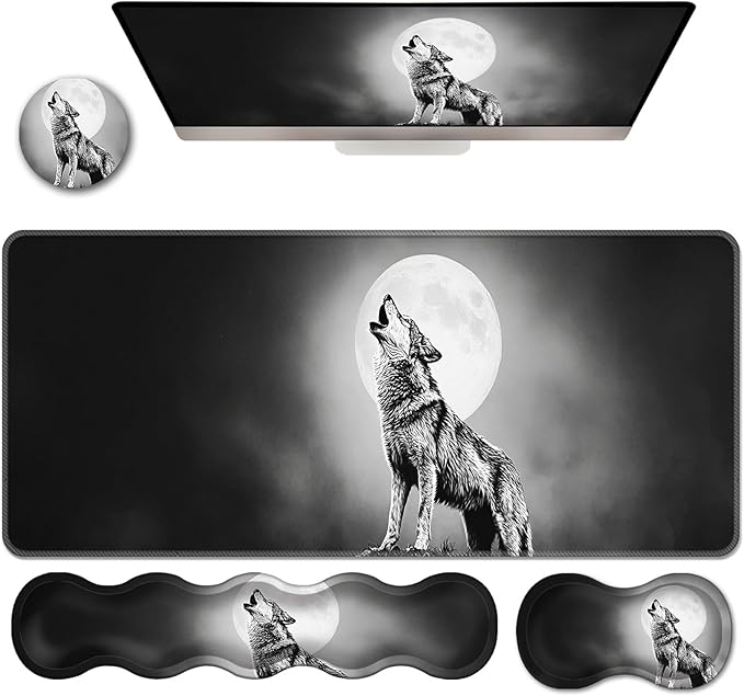 Ergonomic Keyboard Wrist Rest &amp Mouse Pad Wrist Rest SetXL Gaming Desk Mat 31.5x 11.8Non-Slip BaseMemory FoamEasy Typing Pain Relief for Office &amp HomeHowling Wolf in Moonlight