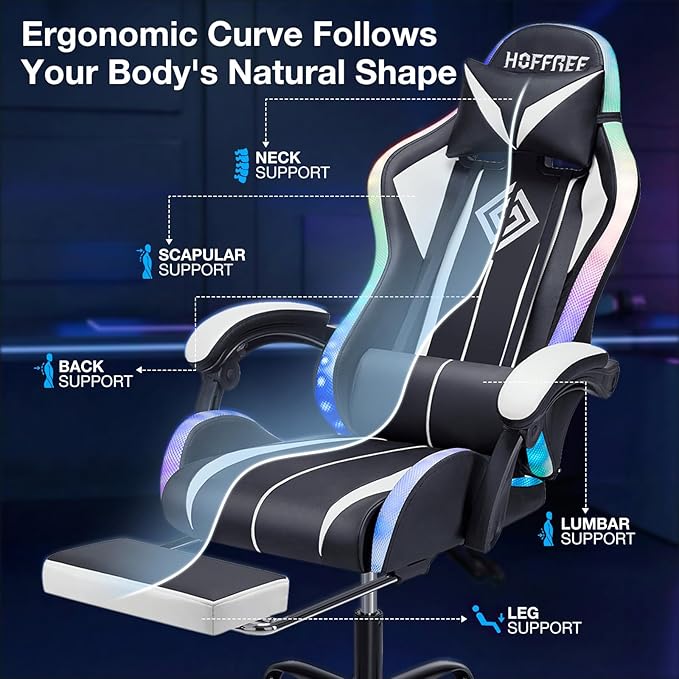 HOFFREE RGB Gaming Chair with Speakers Massage Computer Gaming Chair with LED Lights and Footrest High Back Video Game Chair for Adults White and Black