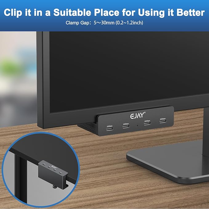 10Gbps USB C Hub - EJAY 4Ports Aluminum USB 3.2 Docking Hub Clamp Design for Desk/Computor with Extra Power Supply Port and 47inches Long Data Cable&amp39inches Power Cable(Black)
