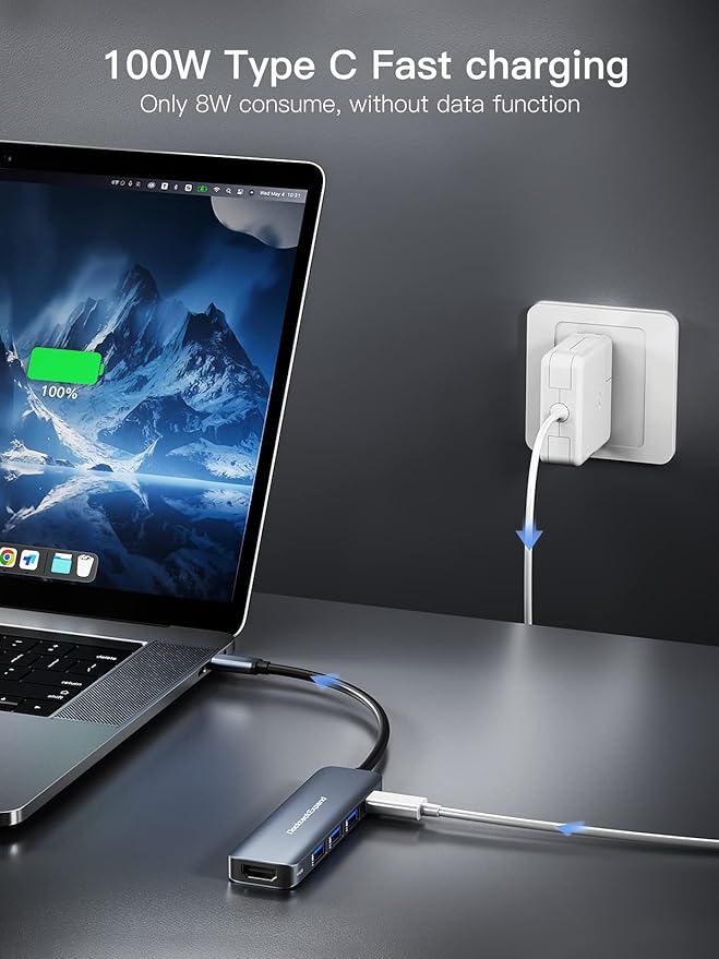 USB C HUB DockteckExpand USB-C Multiport Adapter 5 in 1 with 4K HDMI 100W Power Delivery 3 USB 3.0 Data Ports for MacBook Pro/Air iPad Pro/Air/Mini 6 and More