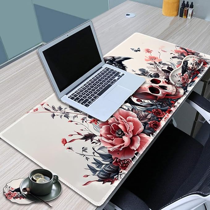 Large Game Mouse Pad + Wrist Support Pad + Coffee Coaster Desk Pad with Sewn Edges Anti-Slip Set pad Suitable for Office Work and Home - Rose Skull