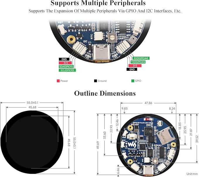 ESP32-S3 1.85inch Touch Display Development Board 360×360 IPS LCD Dual-Core Processor Up to 240MHz Audio Codec Support Offline Speech Recognition and AI Speech Interaction with 8Ω 2W Speaker