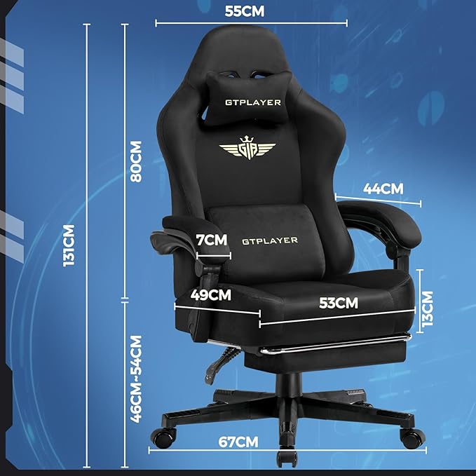 GTPLAYER Big and Tall Gaming Chair Fabric with Pocket Spring Cushion High Back Ergonomic Computer Chair with Footrest for Adults Lumbar Support Swivel Game Chair for Office Gaming 350LBS Black