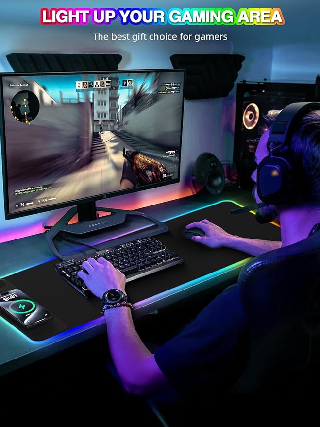 Magnetic Charging Mouse Pad 31.5x11.81 Inch XL Gaming Mousepad 11+5 RGB Lighting Modes Home Office Large Desk Pad with Ultra-Smooth Surface Non-Slip Waterproof Keyboard Pad Classic Black Desk Mat