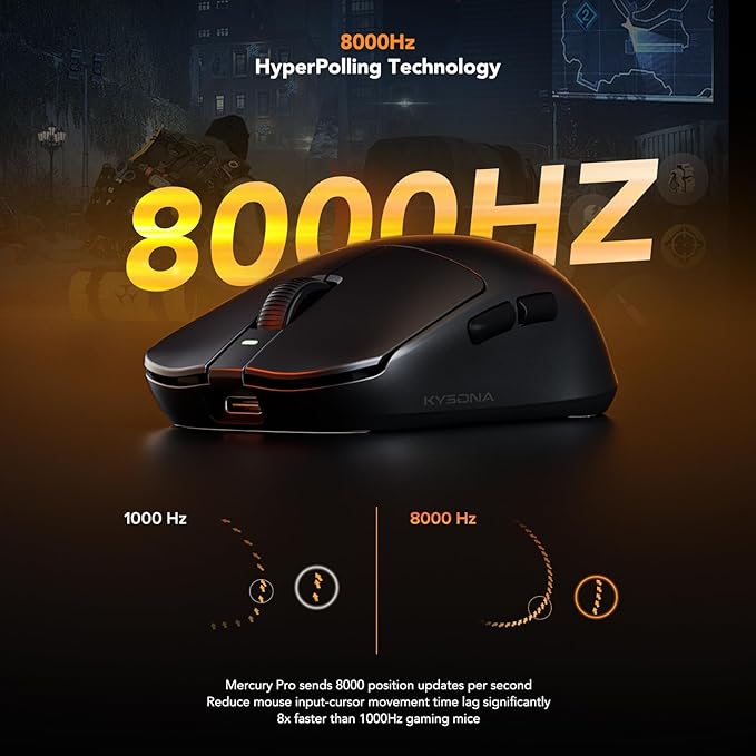 KYSONA Mercury Wireless Gaming Mouse41g Ultalight PAW3395 Sensor 8K Polling Rate26000 DPI5 Programmable Buttons Optical Mice for PC/MAC/LaptopBlack