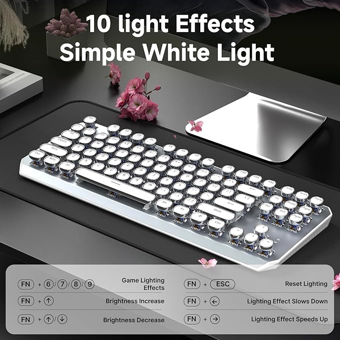 EWEADN TK940 Wireless White Typewriter Mechanical Keyboard87 Keys Aesthetic Mechanical Keyboard Tri-Mode Blue Switches White Backlit Keyboards Retro Punk Keyboards for Windows/Mac/PC