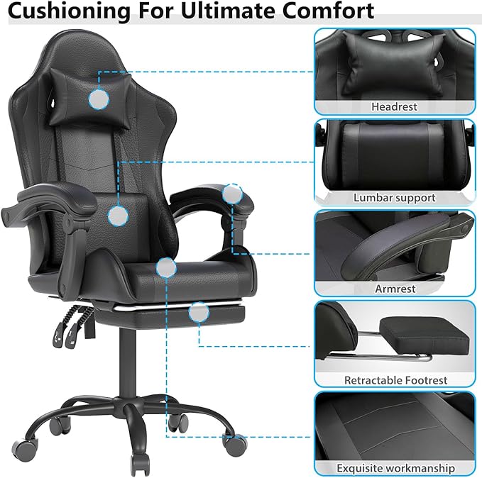 Gaming Chair with Headrest and Lumbar Support Ergonomic High Back Office Chair Racing Style Executive Computer Desk Chair Leather Adjustable Swivel Task Chair for Home Office (Black)