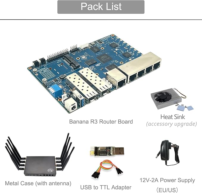 youyeetoo BPI-R3 WiFi 6 Router Development Board with MediaTek MT7986 Chip 2GB DDR RAM 8GB eMMC Flash Dual GbE LAN for IoT Router Projects M.2 Key-E PCIe Interface (Banana pi R3 Router Board Kits)