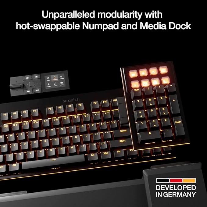 be quiet! Dark Mount Mechanical Keyboard | Tactile | Hot-Swappable Lubricated Silent Switches | Detachable Numpad and Media Dock | Programmable ARGB Keys | Quality PBT Double Shot Keycaps | BT002US