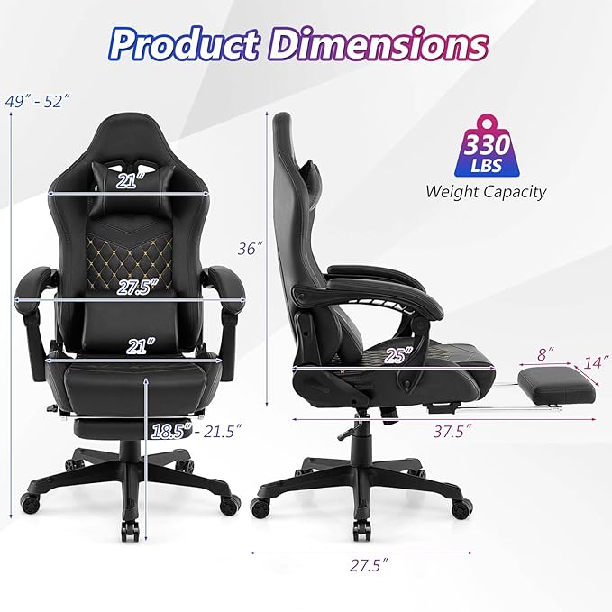 Giantex Gaming Chair High Back Video Game Chair with Footrest Headrest &amp Lumbar Support Ergonomic Computer Chair w/Rocking Function Height Adjustable Swivel Task Chair Black