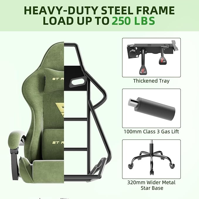 Ferghana Velvet Fabric Ergonomic Gaming Chair with Footrest and Massage High Back Reclining Computer Gamer Chair for Adult Racing Style PC Video Game Chair Suitable for Home Office (Green)