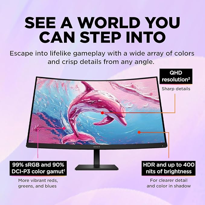 HP OMEN 32c Curved Gaming Monitor - 31.5-inch QHD (2560 x 1440) VA Display 165Hz Refresh Rate 1ms Response Time AMD FreeSync Premium 99% sRGB Adjustable Stand for Console and PC Gaming - Black