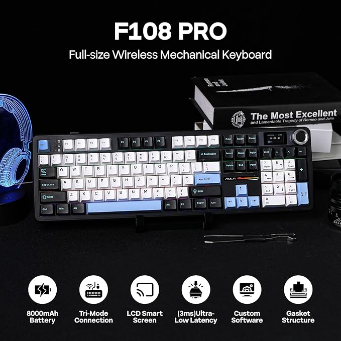 EPOMAKER X Aula F108 PRO Wireless Gaming Keyboard with Screen 8000mAh Battery 104 Hot-Swappable and Programmable Keys and Knob RGB Backlight for Mac/PC/Android (Blue&ampWhite&ampBlack)