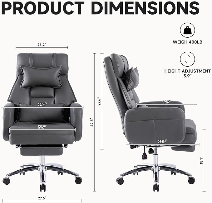 Video Game Desk ChairSwivel Ergonomic Office Chairwith Footrest and Comfy Lumbar SupportPU Leather Recliner with HeadrestFixed Up ArmrestHeight Adjustable with 360°Swivelfor Adults (Drak Grey)