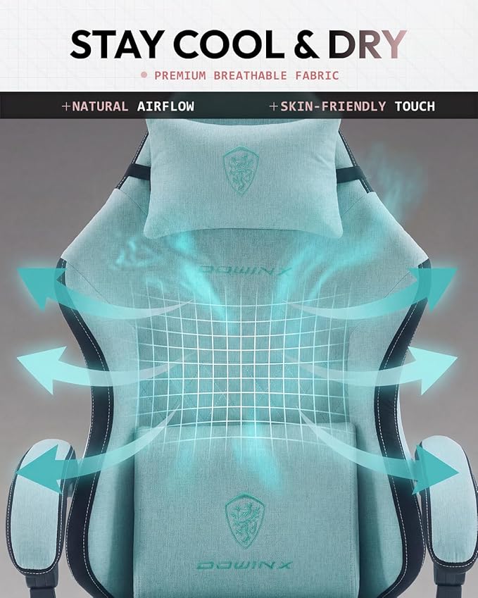 Dowinx Gaming Chair Fabric Gaming Chairs for Adults with Pocket Spring Cushions and Lumbar Support Ergonomic Massage Computer Chair with Footrest for Big and Tall Aqua