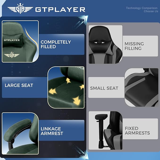 GTPLAYER Gaming Chair Fabric with Pocket Spring Cushion Big and Tall Gamings Chairs 350LBS High Back Computer Chair with Footrest for Adults Lumbar Support Swivel Game Chair for Office Gaming Green