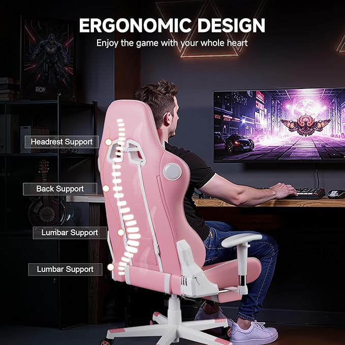 GTPLAYER Gaming ChairGamer Chair with Bluetooth and Adjustable BackrestSeat Height Adjustable Computer Chairs with 3D ArmrestsVideo Game Chair with Footrest Speakers (Pink)