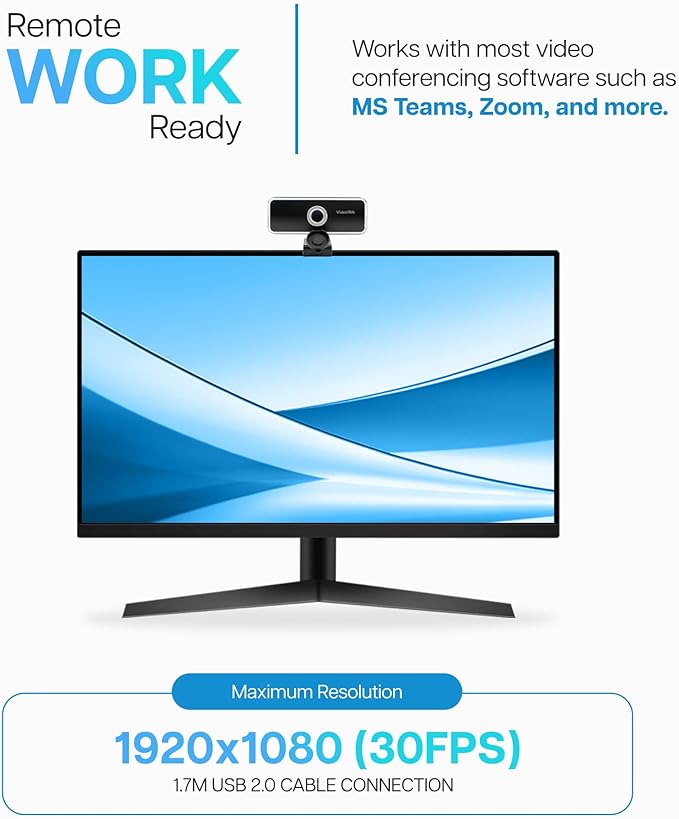 VisionTek VTWC20 Full HD (1080P 30FPS) Webcam for Windows Mac Linux &amp Chromebook w/Digital Microphone Auto Focus Privacy Cover &amp Wide Viewing Angle